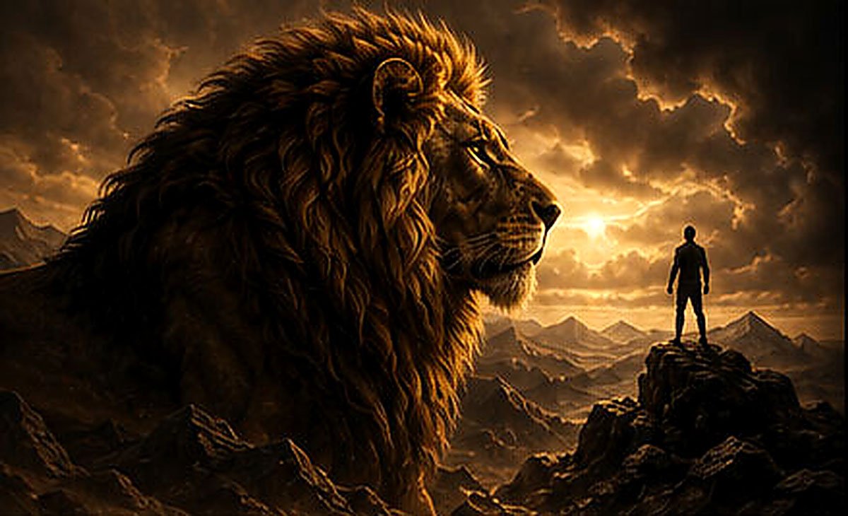 Lion overlooking a mountain landscape